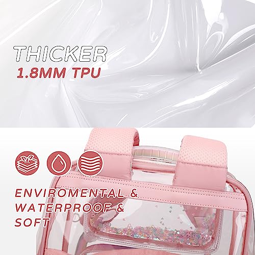 KIDNUO Clear Backpack for Girls Kids Elementary Bookbags Transparent Stadium Approved Travel Daypack See Through Middle College School Bag Large Laptop Backpacks for Women Teens Students (Pink)