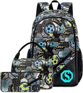 camtop school backpack kids boys soccer bookbag set student backpack with lunch box and pencil case (football,graffiti print)