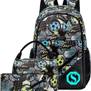 CAMTOP School Backpack Kids Boys Soccer Bookbag Set Student Backpack with Lunch Box and Pencil Case (Football,Graffiti Print)