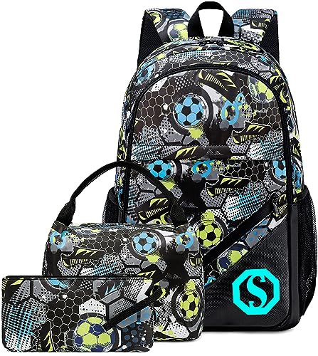 CAMTOP School Backpack Kids Boys Soccer Bookbag Set Student Backpack with Lunch Box and Pencil Case (Football,Graffiti Print)