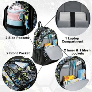 CAMTOP School Backpack Kids Boys Soccer Bookbag Set Student Backpack with Lunch Box and Pencil Case (Football,Graffiti Print)
