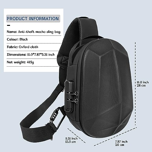 Wzsipod Anti-Theft Small Hard Shell Sling Bag for Men Women, Crossbody Backpack Bag for Adults, One Strap Chest Bags for Men, Lightweight Quest 2 Case With USB-A Charger Port (Black)