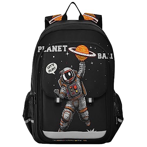 Glaphy Outer Space Astronaut Playing Basketball Backpack School Bag Lightweight Laptop Backpack Students Travel Daypack with Reflective Stripes