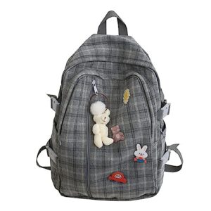jhtpslr light academia aesthetic backpack with pins and plushies cute plaid preppy backpack with accessories book bags supplies (gray)