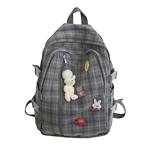 JHTPSLR Light Academia Aesthetic Backpack with Pins and Plushies Cute Plaid Preppy Backpack with Accessories Book Bags Supplies (Gray)