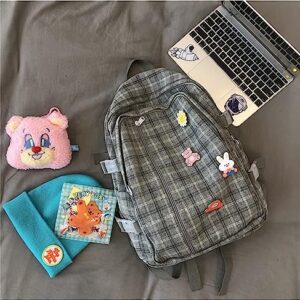 JHTPSLR Light Academia Aesthetic Backpack with Pins and Plushies Cute Plaid Preppy Backpack with Accessories Book Bags Supplies (Gray)