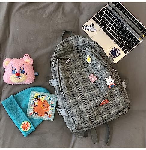 JHTPSLR Light Academia Aesthetic Backpack with Pins and Plushies Cute Plaid Preppy Backpack with Accessories Book Bags Supplies (Gray)