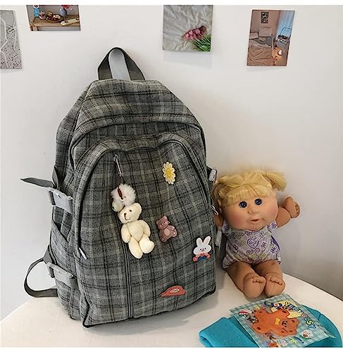 JHTPSLR Light Academia Aesthetic Backpack with Pins and Plushies Cute Plaid Preppy Backpack with Accessories Book Bags Supplies (Gray)