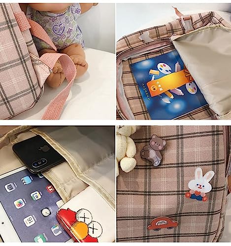 JHTPSLR Light Academia Aesthetic Backpack with Pins and Plushies Cute Plaid Preppy Backpack with Accessories Book Bags Supplies (Gray)