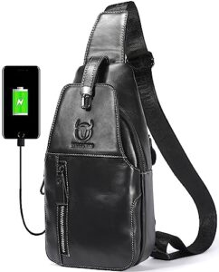 bullcaptain genuine leather sling bag mens crossbody backpack for hiking casual daypack shoulder chest bag with usb charging port (black)