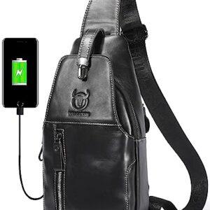 BULLCAPTAIN Genuine Leather Sling Bag Mens Crossbody Backpack for Hiking Casual Daypack Shoulder Chest Bag with USB Charging Port (Black)