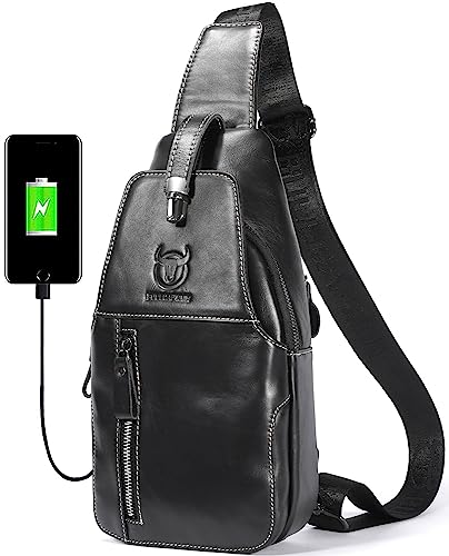 BULLCAPTAIN Genuine Leather Sling Bag Mens Crossbody Backpack for Hiking Casual Daypack Shoulder Chest Bag with USB Charging Port (Black)