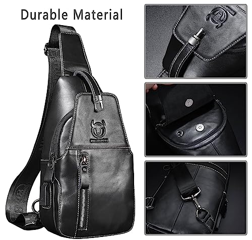 BULLCAPTAIN Genuine Leather Sling Bag Mens Crossbody Backpack for Hiking Casual Daypack Shoulder Chest Bag with USB Charging Port (Black)