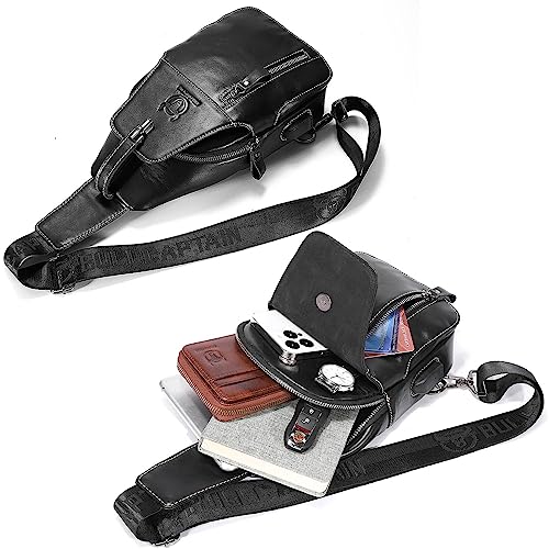 BULLCAPTAIN Genuine Leather Sling Bag Mens Crossbody Backpack for Hiking Casual Daypack Shoulder Chest Bag with USB Charging Port (Black)