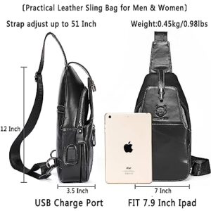 BULLCAPTAIN Genuine Leather Sling Bag Mens Crossbody Backpack for Hiking Casual Daypack Shoulder Chest Bag with USB Charging Port (Black)