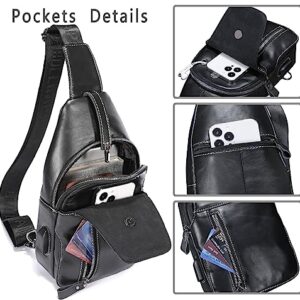 BULLCAPTAIN Genuine Leather Sling Bag Mens Crossbody Backpack for Hiking Casual Daypack Shoulder Chest Bag with USB Charging Port (Black)