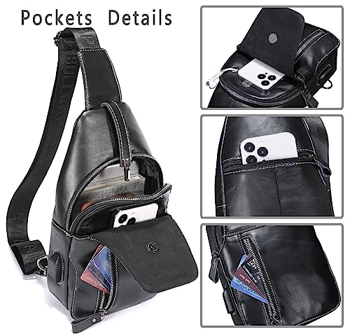 BULLCAPTAIN Genuine Leather Sling Bag Mens Crossbody Backpack for Hiking Casual Daypack Shoulder Chest Bag with USB Charging Port (Black)
