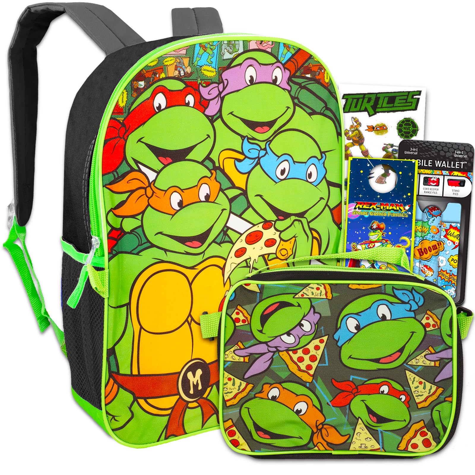 Teenage Mutant Ninja Turtles Backpack and Lunch Box for Boys - Bundle with 16” TMNT Backpack for School, Lunch Bag, Stickers, Phone Wallet, More | TMNT Backpack Set