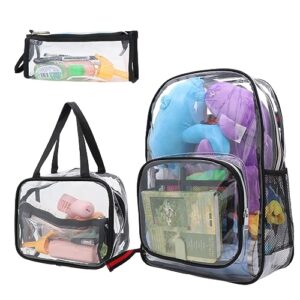 dzlusj 3pcs clear backpack set with lunch bag pencil case pouch heavy duty thick pvc transparent backpack for kids and fans back to school supplies(black)