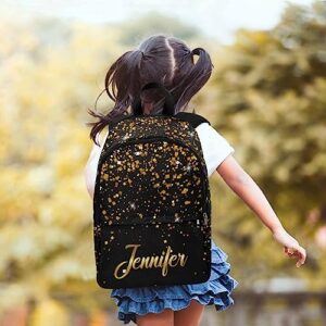 Custom Kids Backpack for Girls Boys Gold Sparkle Text Black Children Casual Daypack Backpacks, Personalized with Kid's Name Preschool School Bag, Children Travel Bookbag for School Season