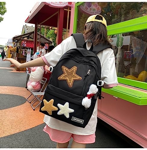 JHTPSLR Preppy Backpack Plush Stars Patchwork Preppy Backpack Y2K Aesthetic Backpack Double Layer Book Bags Backpack Supplies (Black)