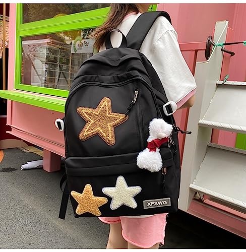 JHTPSLR Preppy Backpack Plush Stars Patchwork Preppy Backpack Y2K Aesthetic Backpack Double Layer Book Bags Backpack Supplies (Black)