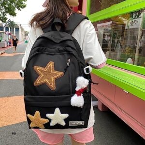 JHTPSLR Preppy Backpack Plush Stars Patchwork Preppy Backpack Y2K Aesthetic Backpack Double Layer Book Bags Backpack Supplies (Black)