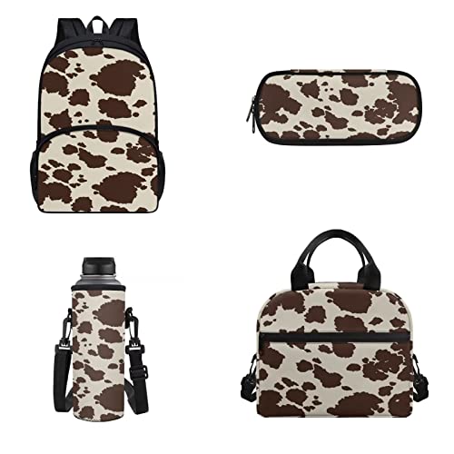 Drydeepin Cute Brown Cow Cowhide Print 4Pcs School Bags Set for Teens Boys Girls Large Capacity Backpack and Lunch Box Set with Water Bottle Holder Bag Pencil Case Middle School Student Bookbag