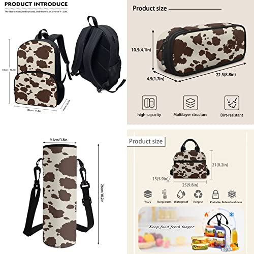 Drydeepin Cute Brown Cow Cowhide Print 4Pcs School Bags Set for Teens Boys Girls Large Capacity Backpack and Lunch Box Set with Water Bottle Holder Bag Pencil Case Middle School Student Bookbag