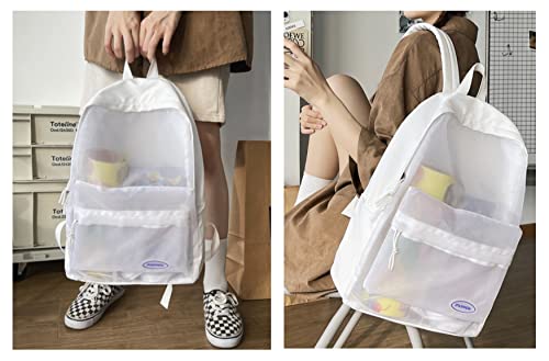 Durable Semi-Mesh Backpack for School Student Stadium Approved Lightweight See Through Travel Casual Summer Large Bag (White)