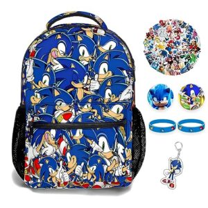 POLYES Cool Cartoon Backpack, 5Pc Gaming Backpack Bundle with Keychain, Stickers, Badges, Bracelets, Travel Bag for Game Fans Gift (blueA)