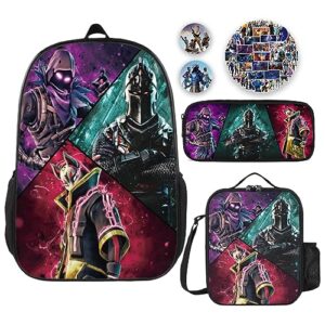 njhcgyd 5 pcs game backpack set with lunch box, pencil case, button pins and stickers casual anime backpack for game fans gift (dark)