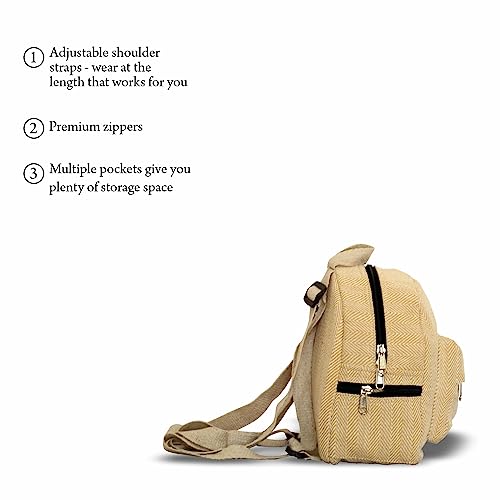 ECOBAWA Hemp Mini Backpack for women Adjustable shoulder strap Mini Bag Washable Lightweight Casual Daypack (Beige)