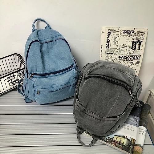 JHTPSLR Preppy Backpack Denim Backpack Vintage Aesthetic Backpack Cowboy Backpack Solid Denim Book Bags Casual Daypack Backpack Supplies (Smoke Grey)