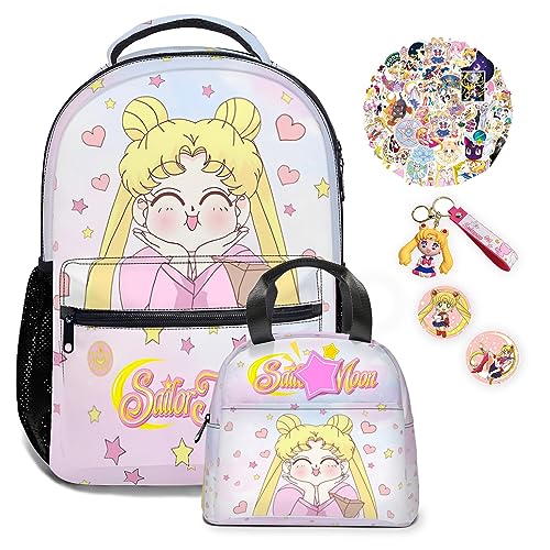 SKTYBDC Cute Anime Backpack, 5Pc Cartoon Backpack with Lunch Box, Button Pins, Keychain, Stickers, Casual Daypack Travel Bag 17in (dream)