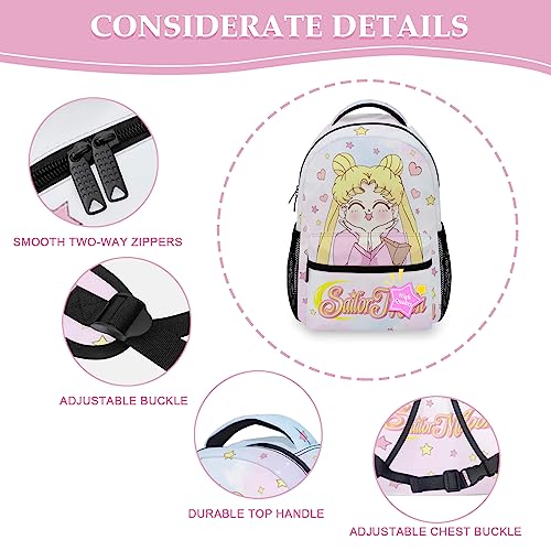 SKTYBDC Cute Anime Backpack, 5Pc Cartoon Backpack with Lunch Box, Button Pins, Keychain, Stickers, Casual Daypack Travel Bag 17in (dream)