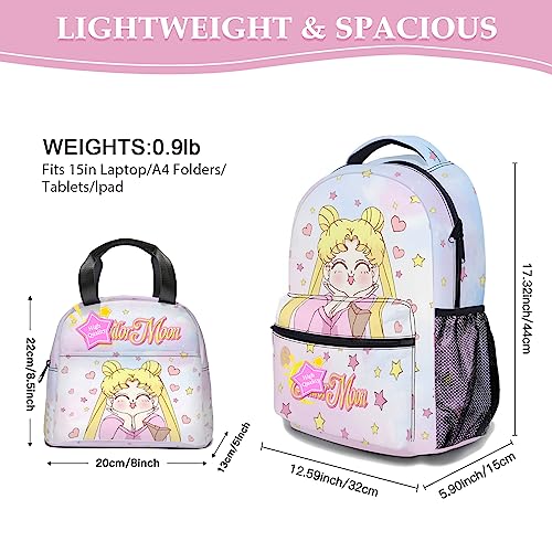 SKTYBDC Cute Anime Backpack, 5Pc Cartoon Backpack with Lunch Box, Button Pins, Keychain, Stickers, Casual Daypack Travel Bag 17in (dream)