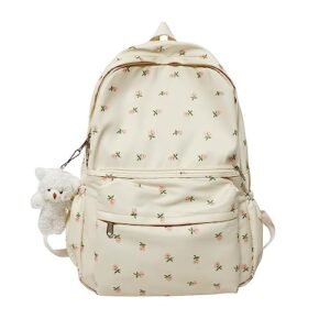 jhtpslr cottagecore aesthetic backpack with plushies pink floral preppy backpack flowers backpack cute kawaii backpack book bags (beige)