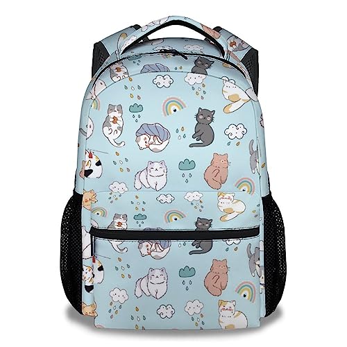 BEOIIBIRD Cat Backpack for Girls, 16 Inch Blue Backpacks for School, Cute Lightweight Bookbags for Kids