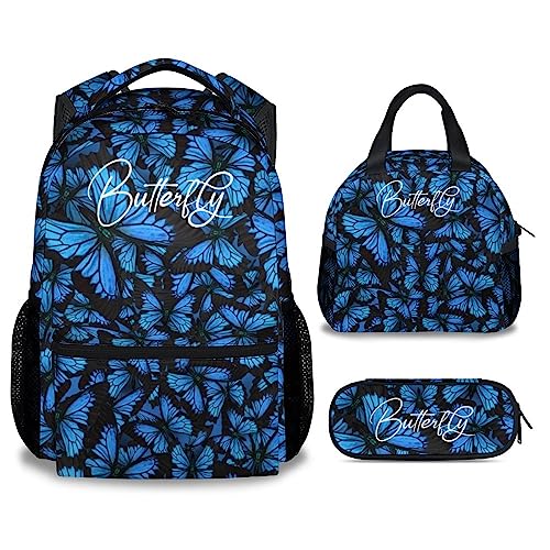 KAXVZER Butterfly Girls Backpack with Lunch Box Set - 3 in 1 School Backpacks Matching Combo - Cute Black Bookbag and Pencil Case Bundle