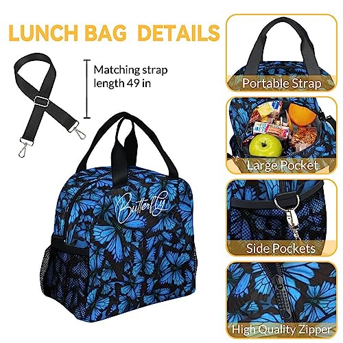 KAXVZER Butterfly Girls Backpack with Lunch Box Set - 3 in 1 School Backpacks Matching Combo - Cute Black Bookbag and Pencil Case Bundle