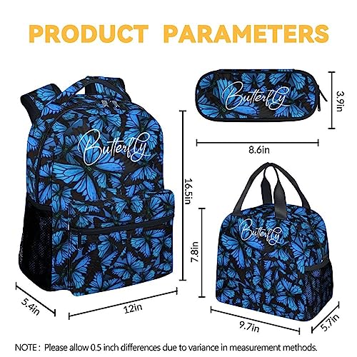 KAXVZER Butterfly Girls Backpack with Lunch Box Set - 3 in 1 School Backpacks Matching Combo - Cute Black Bookbag and Pencil Case Bundle