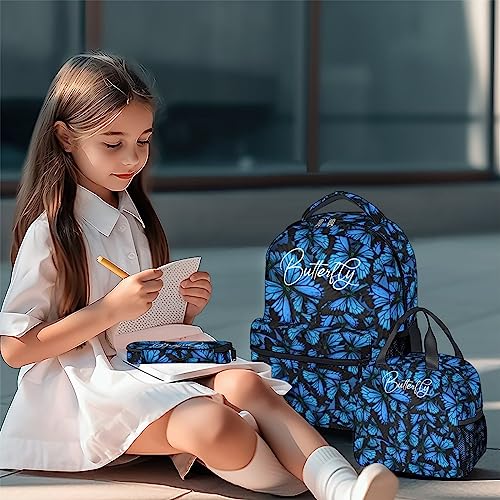 KAXVZER Butterfly Girls Backpack with Lunch Box Set - 3 in 1 School Backpacks Matching Combo - Cute Black Bookbag and Pencil Case Bundle