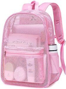 ledaou mesh backpack for kids girls semi-transparent mesh school backpack bookbag lightweight casual daypacks for beach gym(pink)