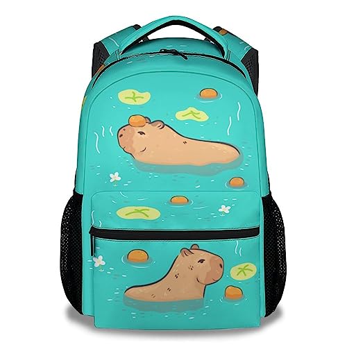 GIHSWE Capybara Backpack for Kids Girls Boys, 16" Green Backpacks for School, Cute Cartoon Large Capacity Bookbag for Students, Gifts for Capybara Lovers