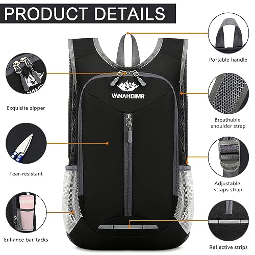 Esup 15L Lightweight Hiking Backpack Foldable Small Travel Backpack Packable Camping Backpack for Women Men (Black)