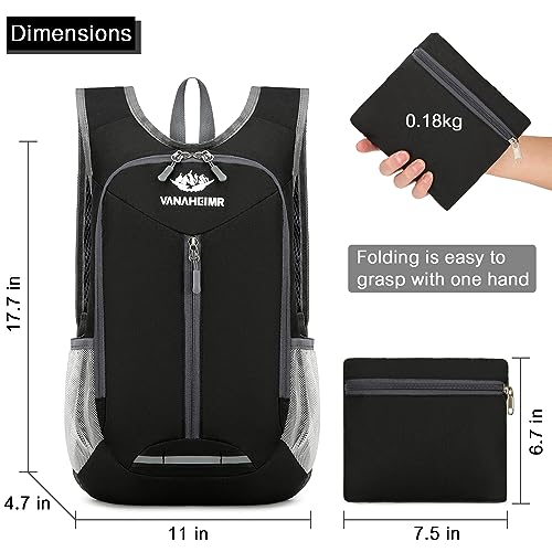 Esup 15L Lightweight Hiking Backpack Foldable Small Travel Backpack Packable Camping Backpack for Women Men (Black)