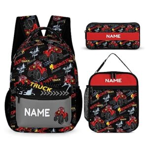 Mrokouay Custom 3Pcs Backpack Set Personalized Truck Car Red School Bag with Lunch Bag Box Pencil Case Customized Backpack for Student Teens