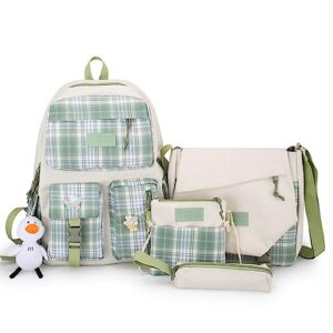 mininai 4pcs aesthetic college backpack set with plushies kawaii large backpack 15.6" laptop preppy daypack cute backpack (green,one size)