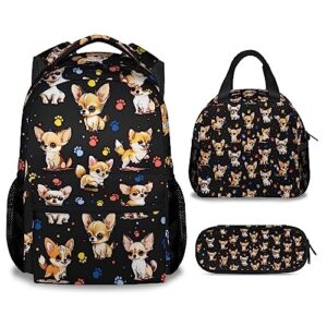 nicefornice chihuahua dog kids backpack with lunch box, set of 3 school backpacks matching combo, cute black bookbag and pencil case bundle
